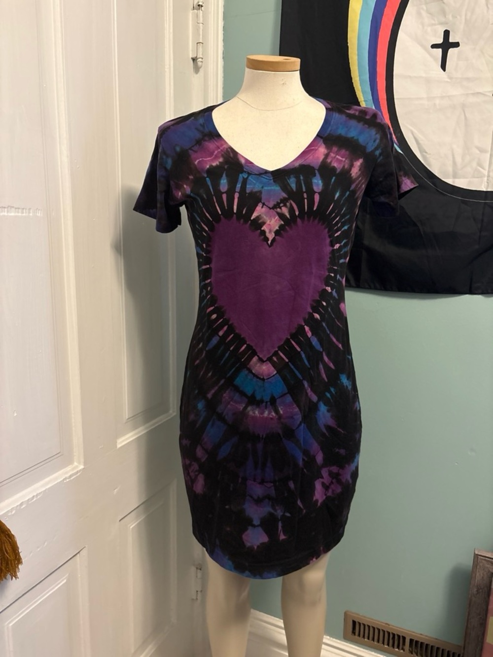 Purple Tie-Dye Heart V-Neck Mini Dress